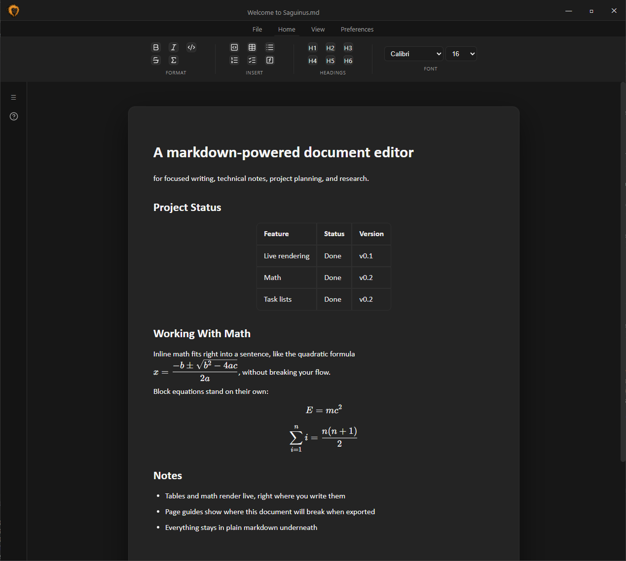 Saguinus editor showing a document with a table and live-rendered KaTeX math